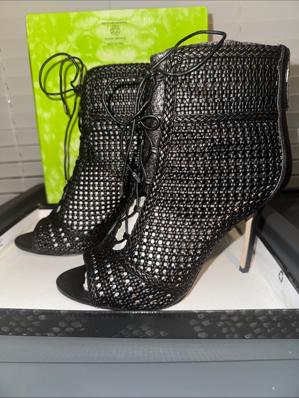 Sam Edelman Abbie Black Woven Peep-Toe Lace-Up Heeled Booties Sz 10M